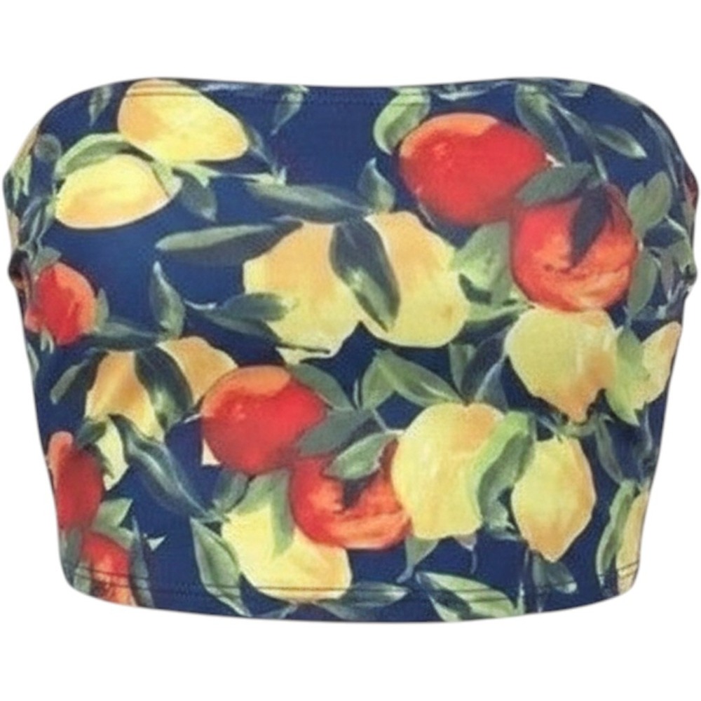 Navy Blue Lemon Orange Fruit Print Strapless Tube Top S Stretchy Summer Bodice